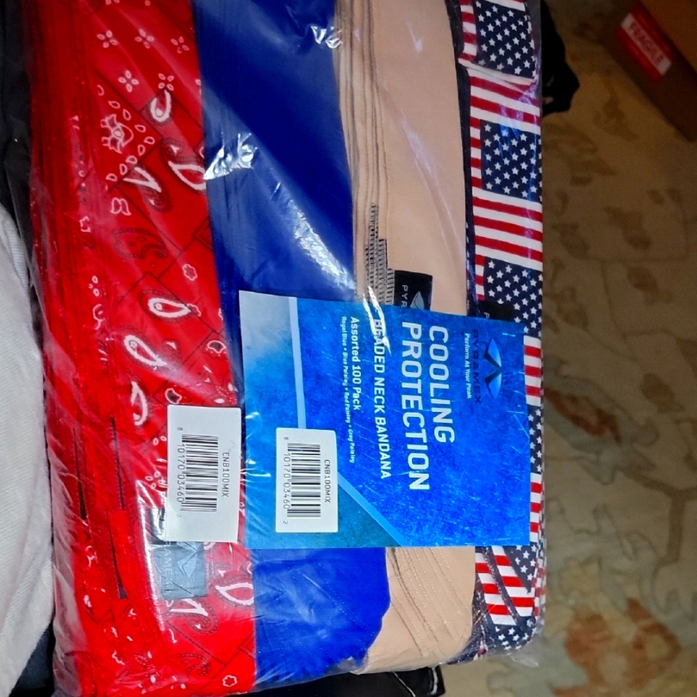 Pyramex Cooling Beaded Neck Bandana Set - Royal Blue, Tan, Red Paisley, USA Flag